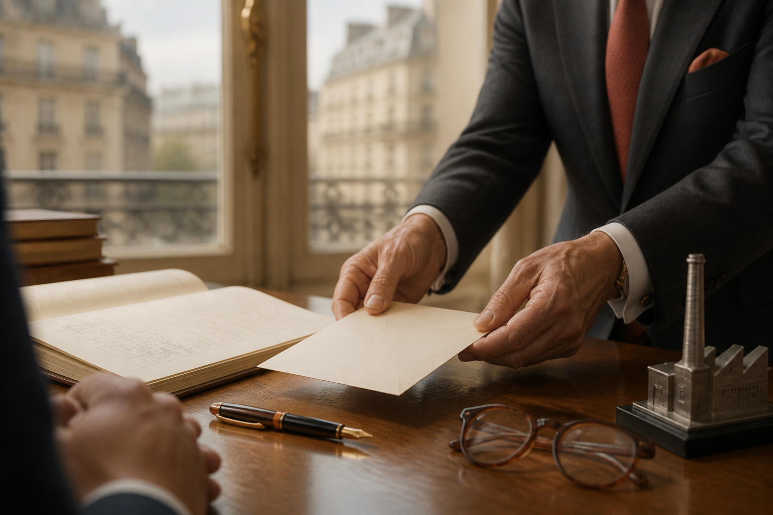 Mains déposant une enveloppe crème sur bureau en bois, avec cahier de comptes, stylo et lunettes.