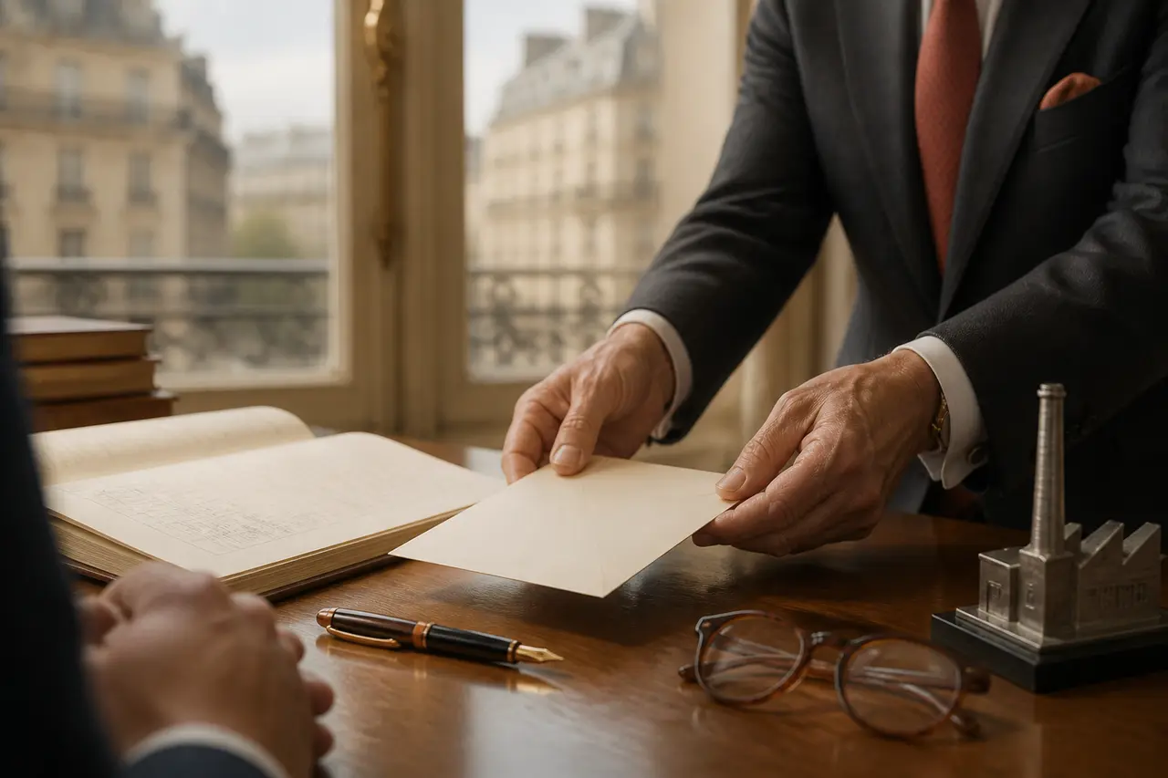 Mains déposant une enveloppe crème sur bureau en bois, avec cahier de comptes, stylo et lunettes.